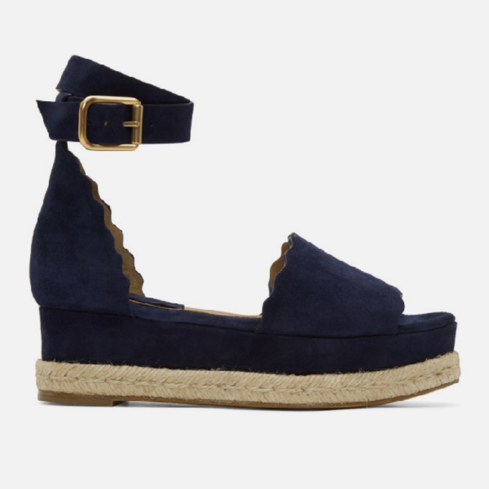 CHLOE Blue Scalloped Suede, 2" Jute Platform Ankle Strap Sandals